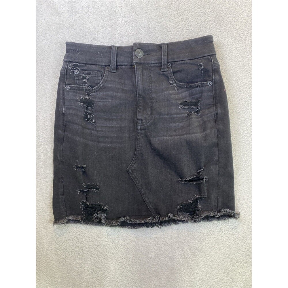 NEW American Eagle Curvy Hi Rise Mini Denim Skirt Women's 2 26w Black Stretch